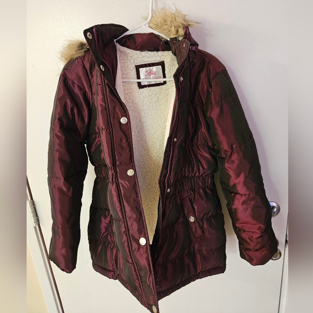 Justice Burgundy Puffer Jacket with Faux Fur